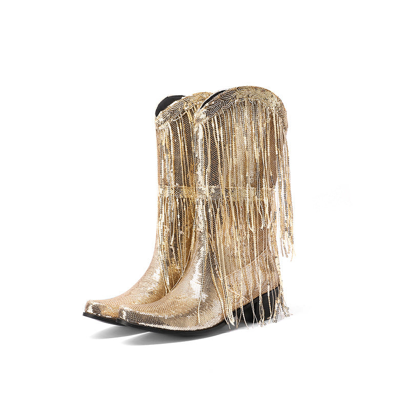 Gold Green Purple Sequin Western Cowboy Boots with Tassels