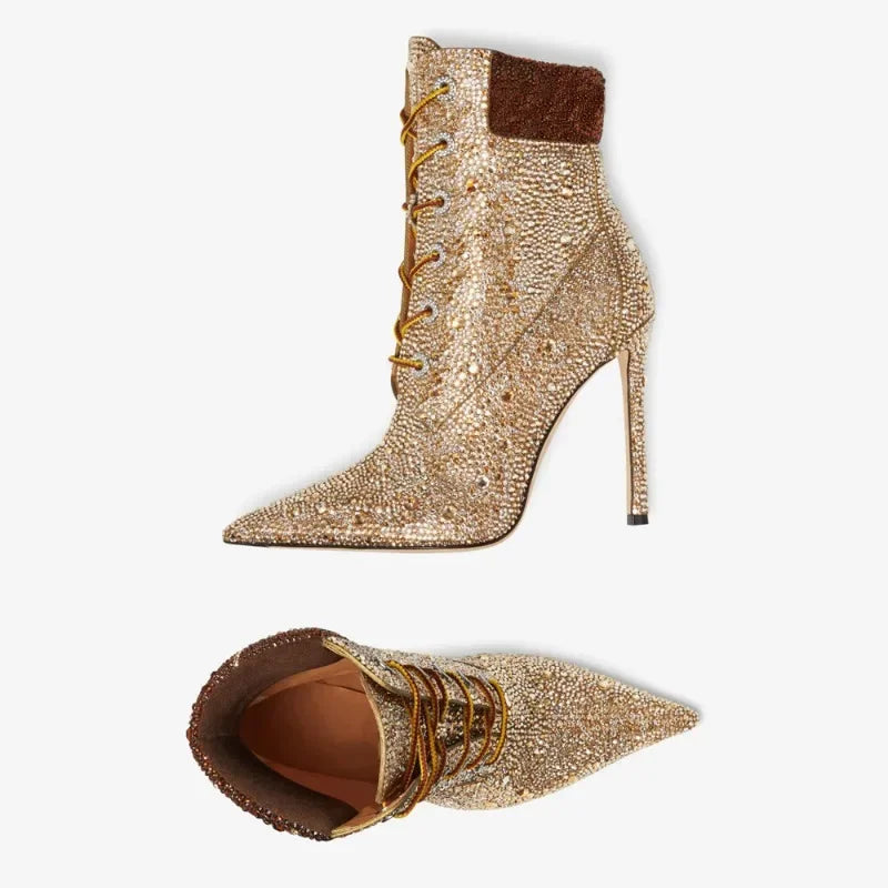 Diamond Mixed Color Water Diamond Cross Strap Ankle Boots