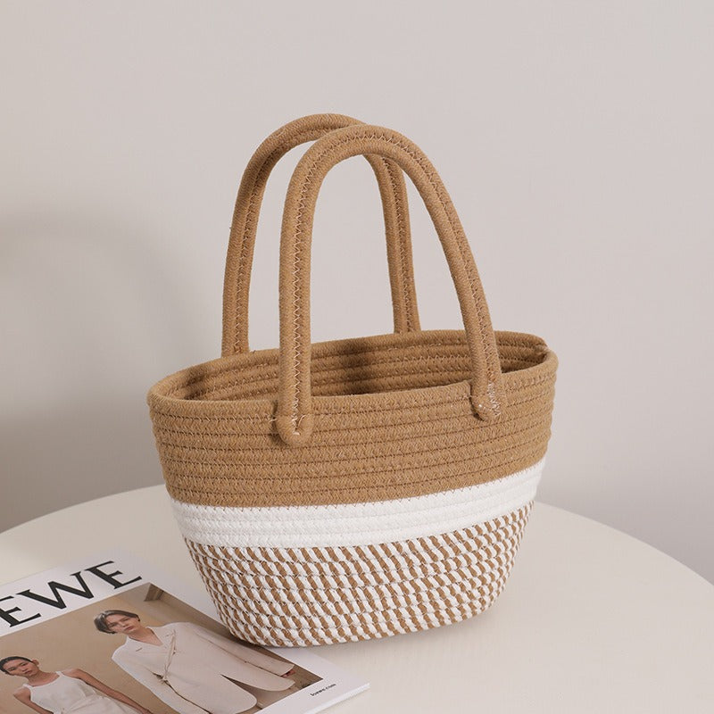 Pink Portable Cotton Woven Bag Holiday Beach Bag