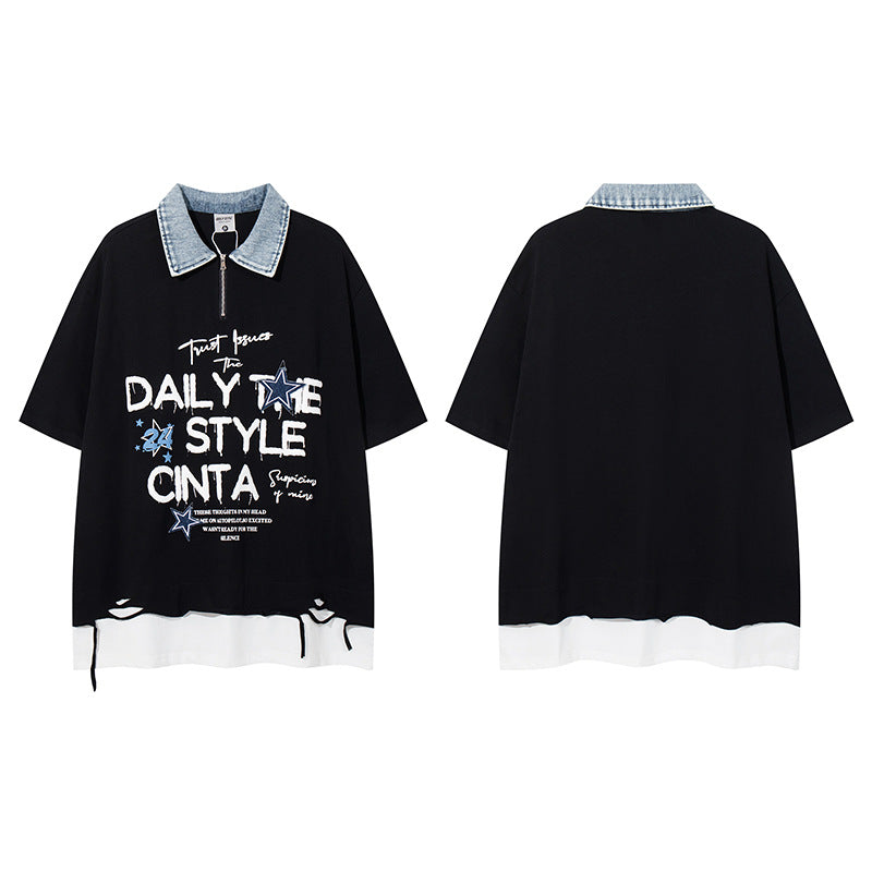 Unisex Foam Letter Print Half-Zip T-shirt