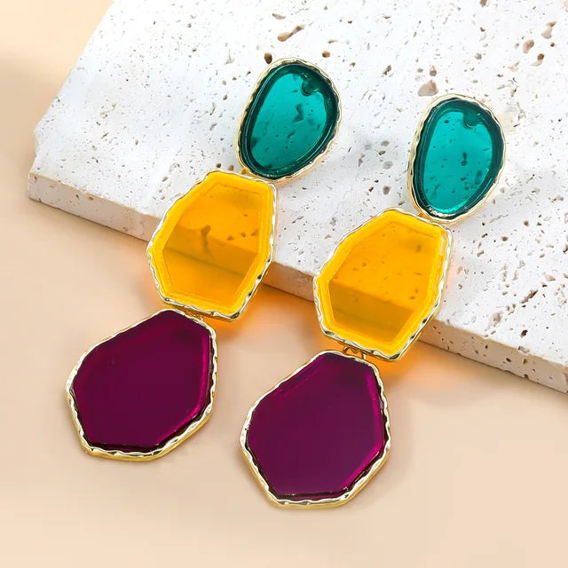 Polygonal Alloy Transparent Resin Colorful Matching Long Drop Earrings
