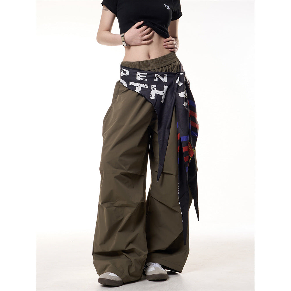 Spliced fart curtain casual loose fit wide leg pants