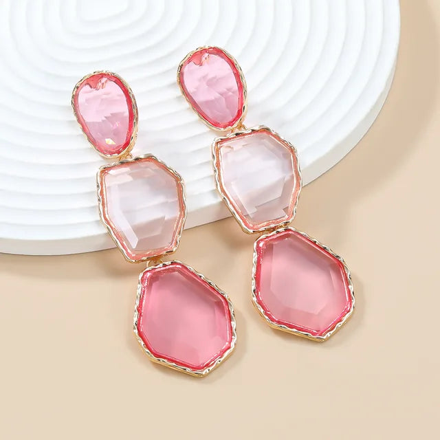 Polygonal Alloy Transparent Resin Colorful Matching Long Drop Earrings