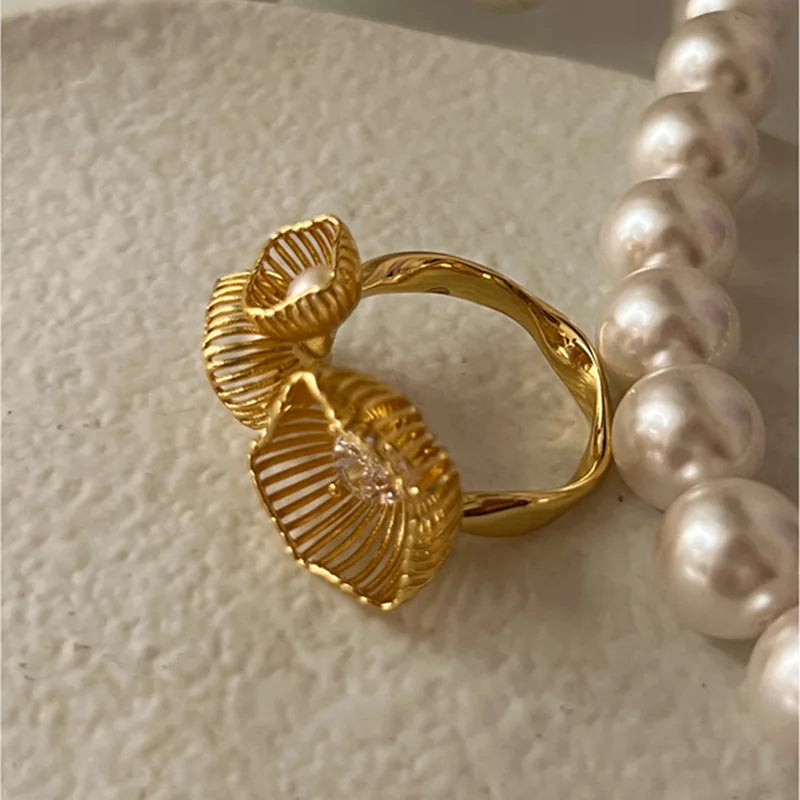 Golden Pearl, Retro Couple, Creative Wings Design Ring