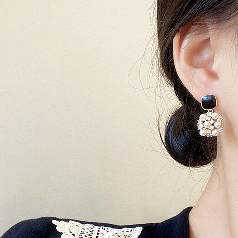 Fashion Black SquareEarrings Luxury Inlaid Pearl Jewelry