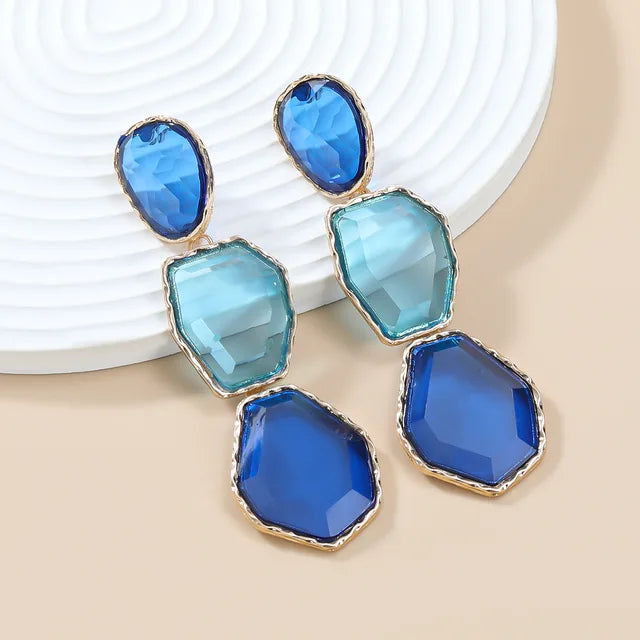Polygonal Alloy Transparent Resin Colorful Matching Long Drop Earrings