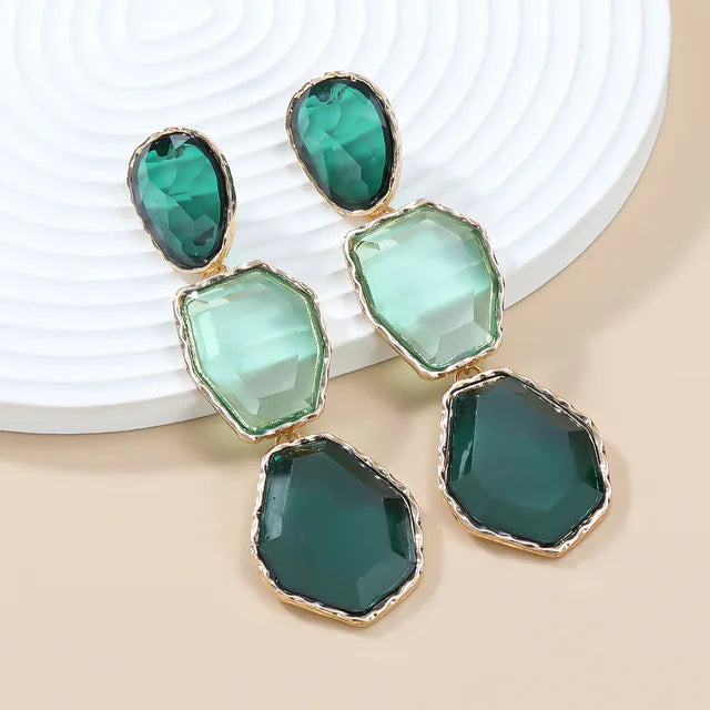 Polygonal Alloy Transparent Resin Colorful Matching Long Drop Earrings