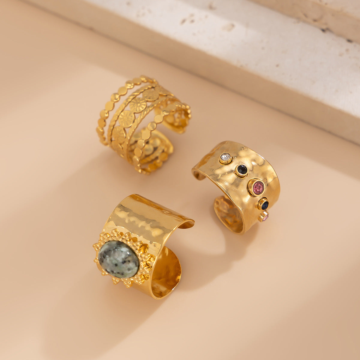 Fashionable Ring Set Hip Hop Metallic Fold Set with Gemstone Rings