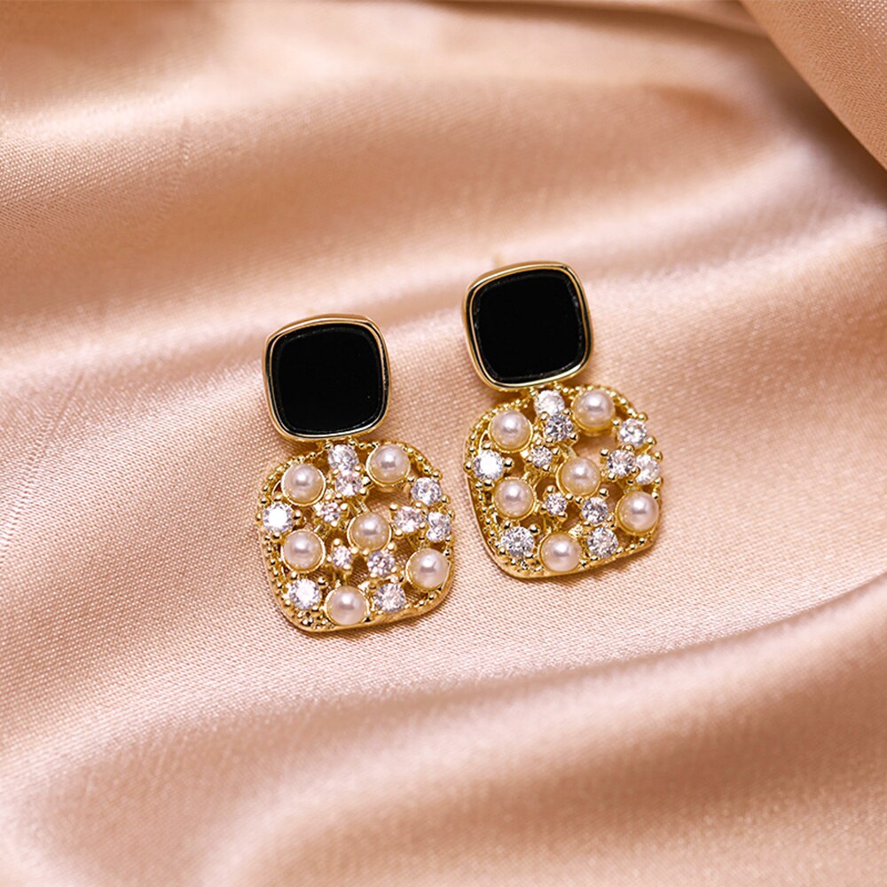 Fashion Black SquareEarrings Luxury Inlaid Pearl Jewelry