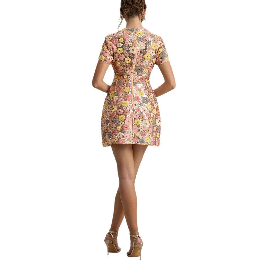 Short sleeved sequined round neck dress