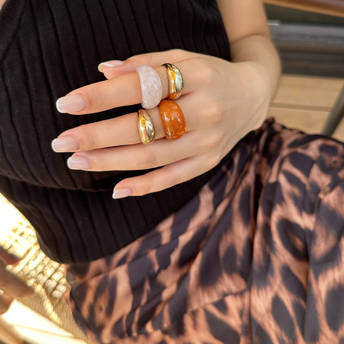 Ins style metal curved ring set retro amber rings