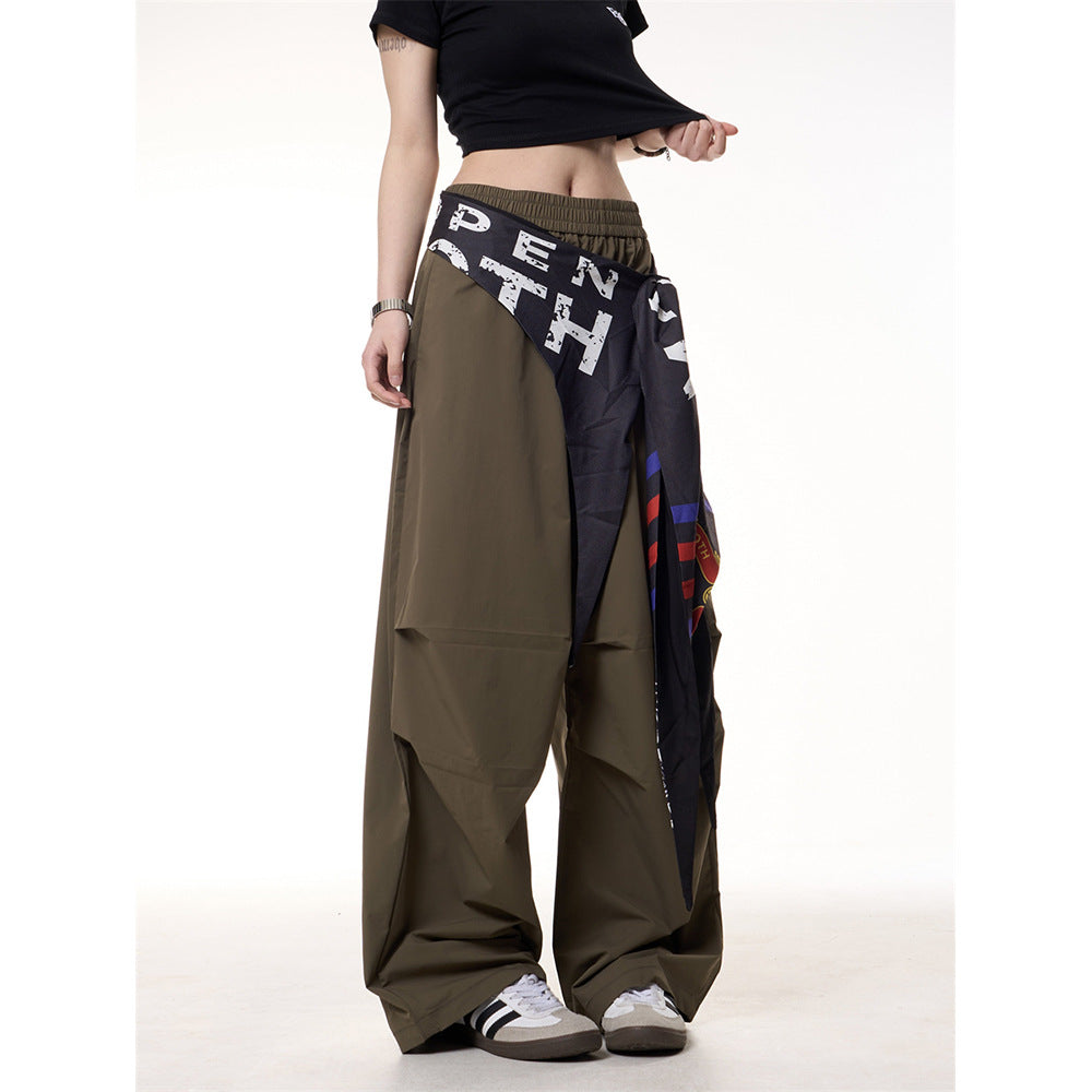 Spliced fart curtain casual loose fit wide leg pants