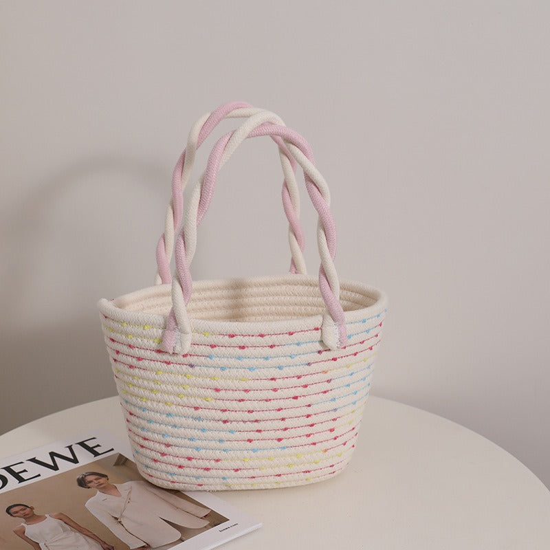 Pink Portable Cotton Woven Bag Holiday Beach Bag