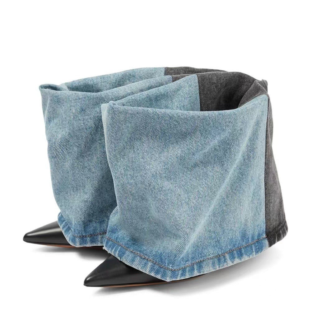 Women's denim pointed toe high heel short boots sexy trouser boots