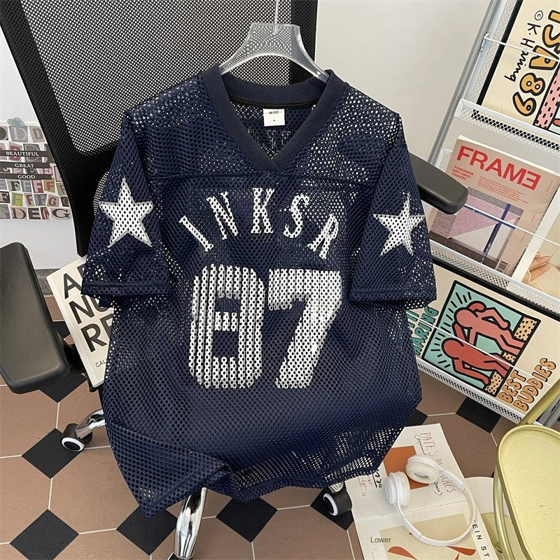 Navy blue retro printed ball jersey short sleeved t-shirt