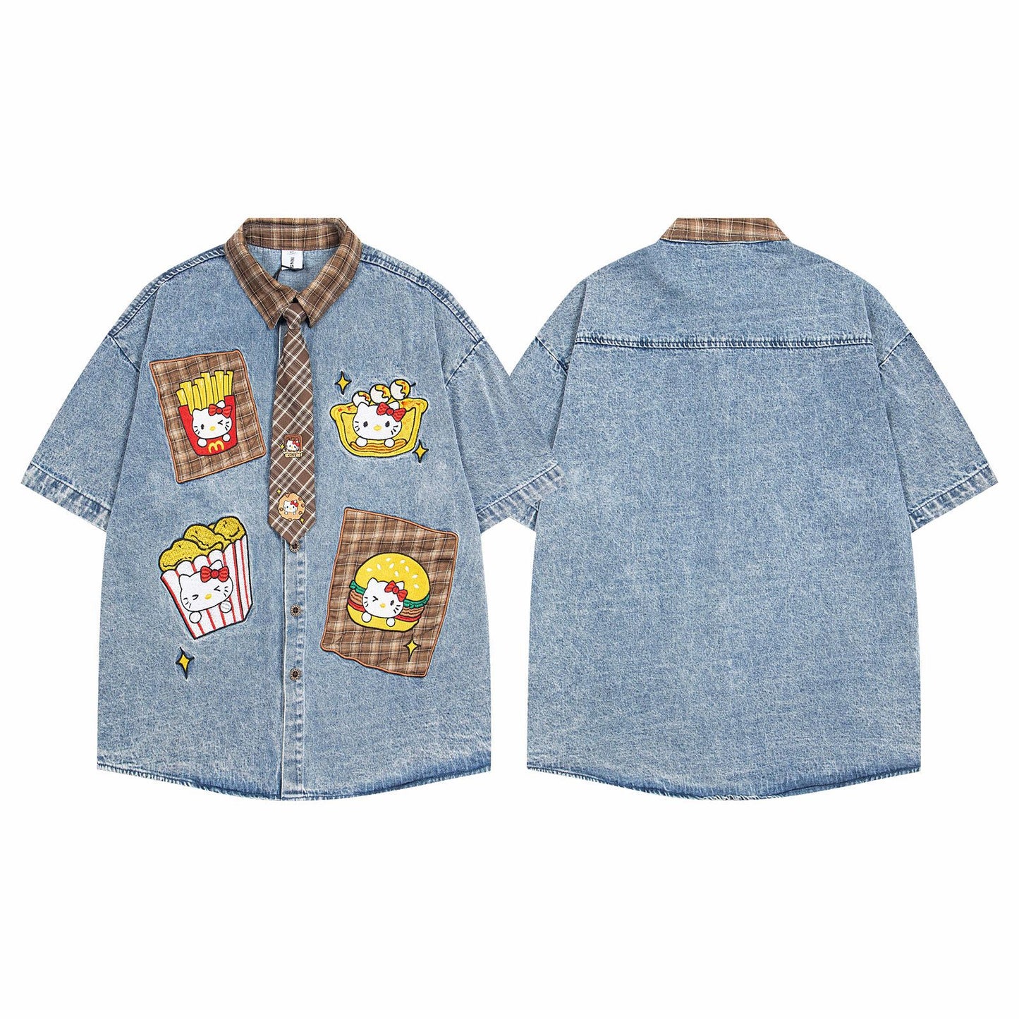Retro Cartoon Patchwork Denim Shirt