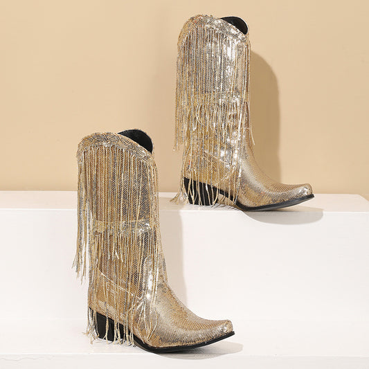 Gold Green Purple Sequin Western Cowboy Boots with Tassels