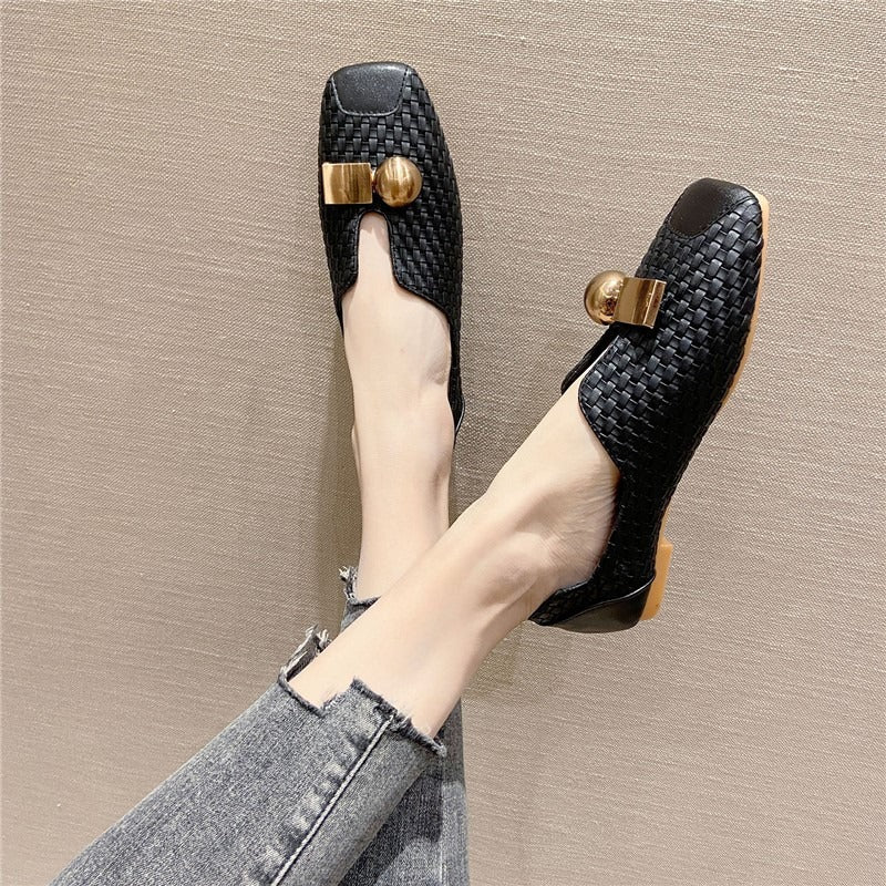 Retro square flat beanie shoes for women square toe  shoes