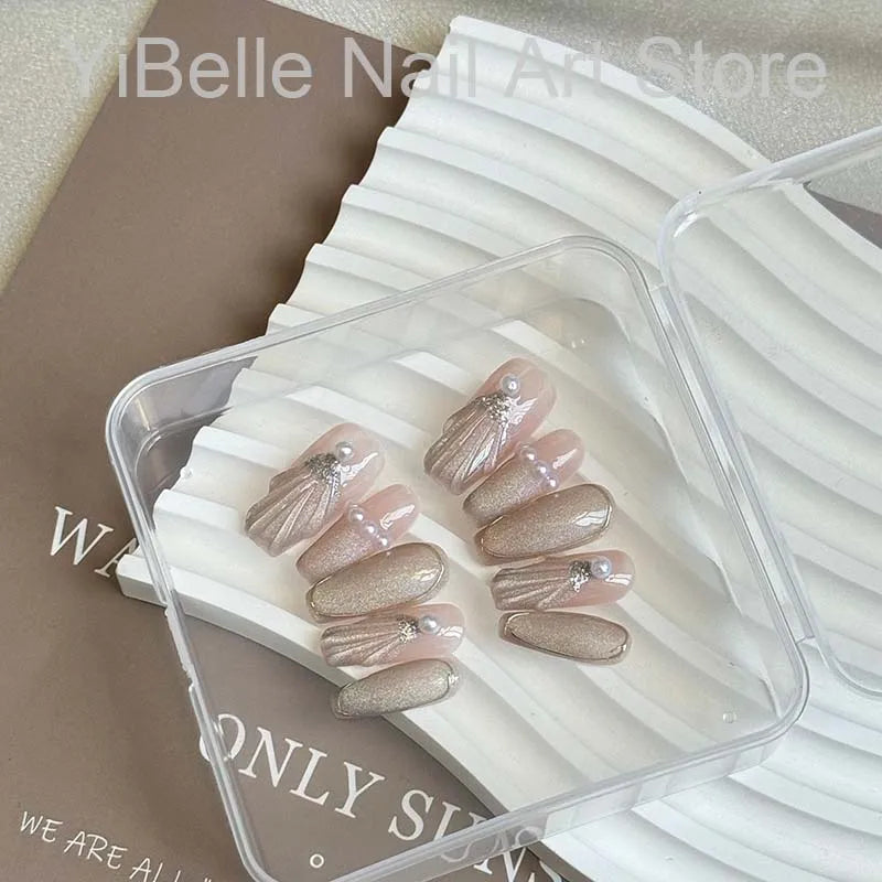 Sea Shells Handmade Press on Nails Ballerina Reusable Nails With Shiny Pearl