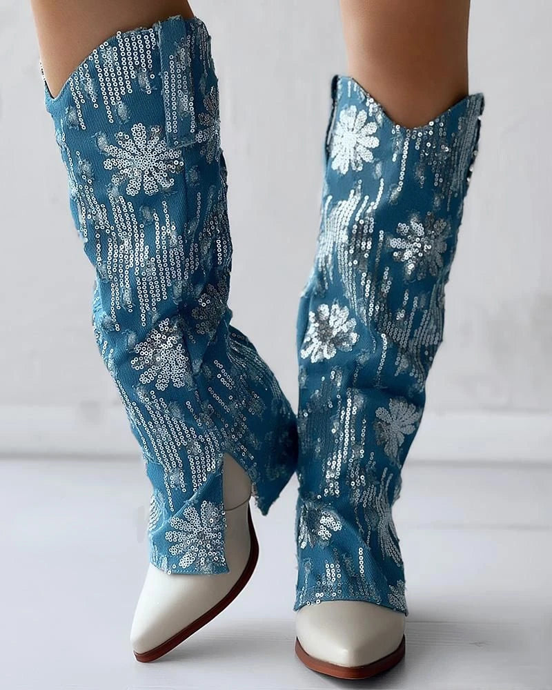 Shiny denim jeans leg boots women's fashion boots