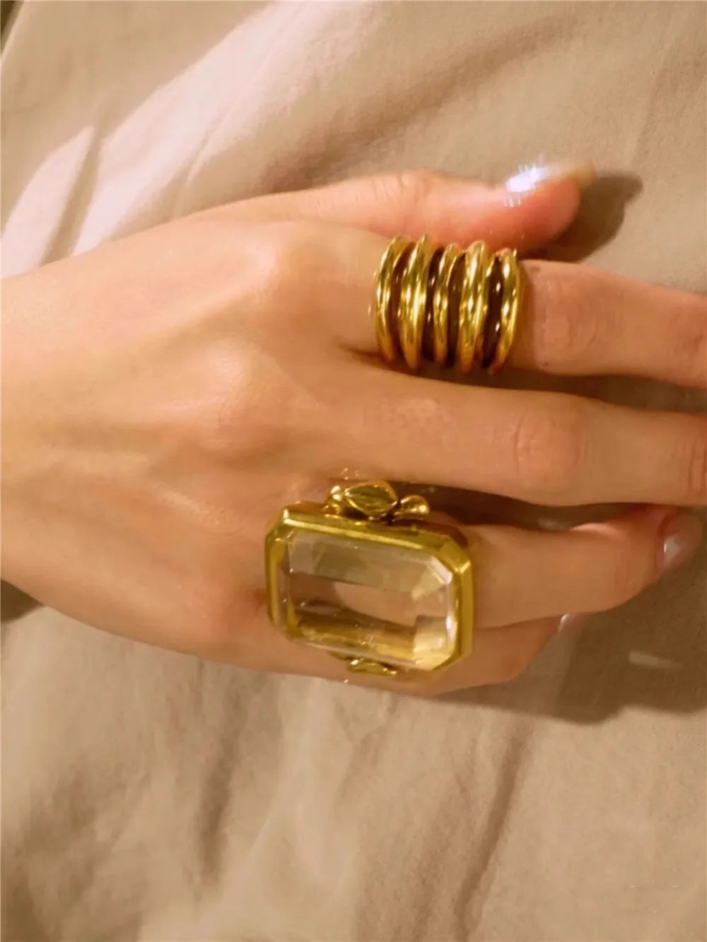 Trending Fashion Retro Square Natural Stone Crystal Ring