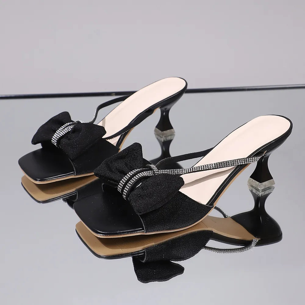 Bow Rhinestone Open-Toe Heels