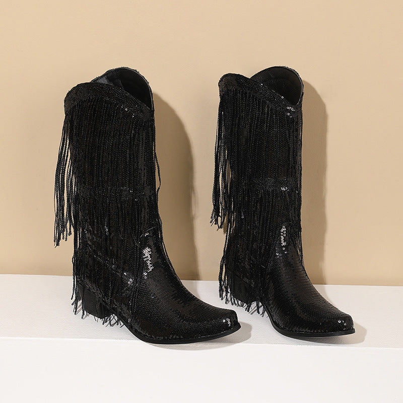 Gold Green Purple Sequin Western Cowboy Boots with Tassels