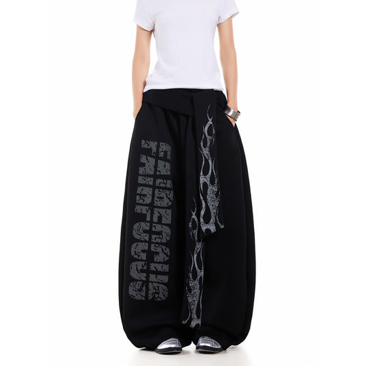 Retro niche letter flame ribbon casual pants for women