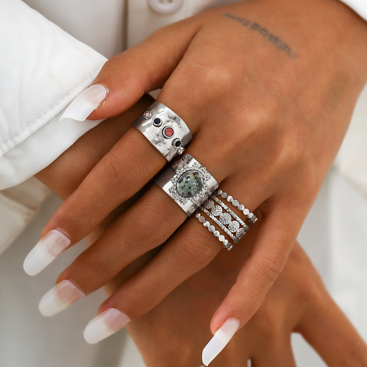 Fashionable Ring Set Hip Hop Metallic Fold Set with Gemstone Rings