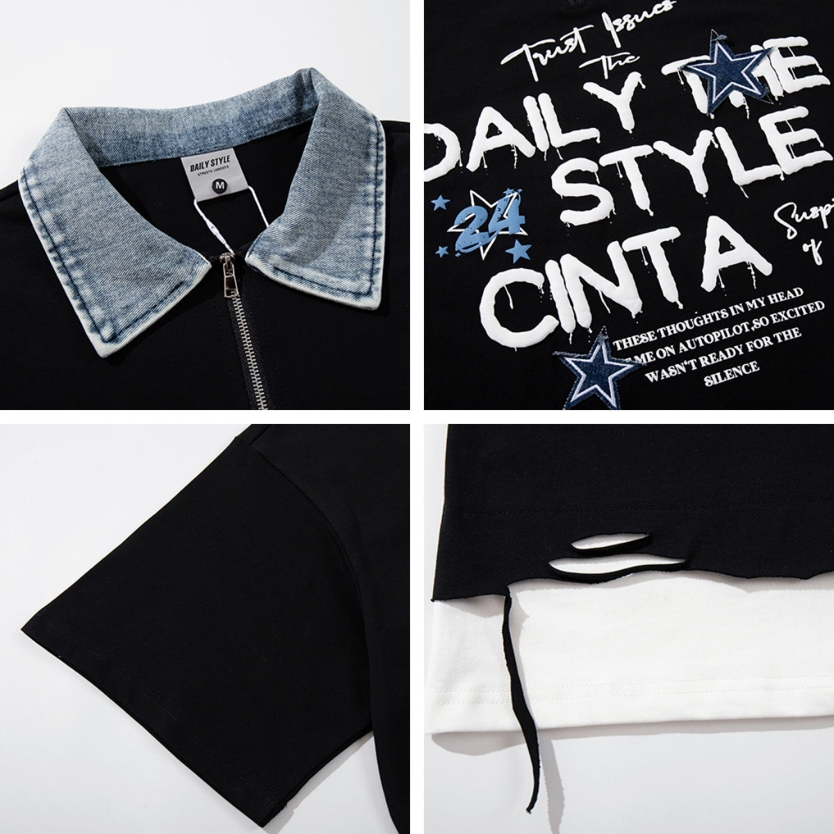 Unisex Foam Letter Print Half-Zip T-shirt