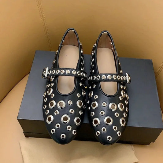 Hollow Out Rivet Mary Jane Ballet Flats Shoes