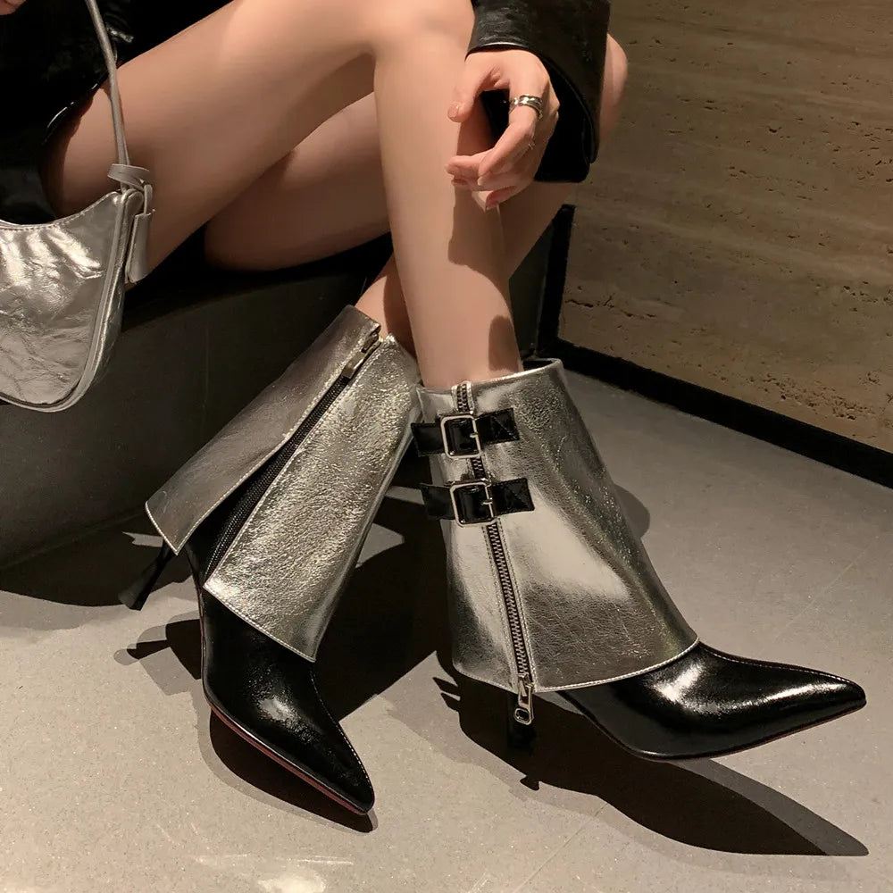 Women’s High Heel Mixed Color Leather Boots