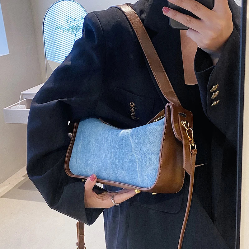 Women’s PU Leather and Denim Shoulder Crossbody Bag