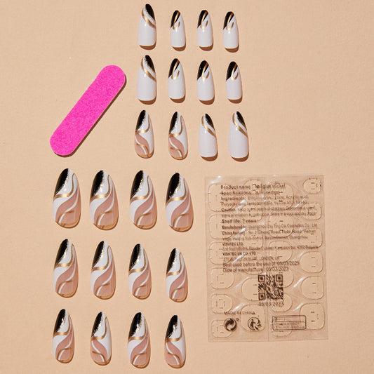 Almond-shaped French edge manicure, mandarin duck color gold corrugated nails