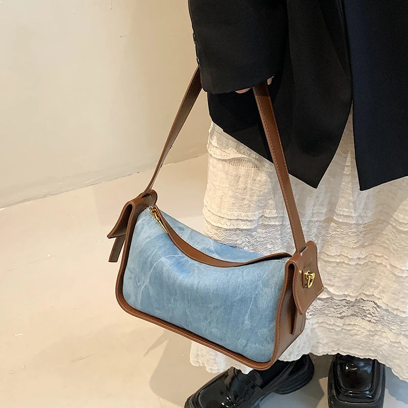 Women’s PU Leather and Denim Shoulder Crossbody Bag
