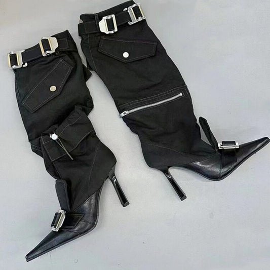 High heels pointed toes belt buckle boots women's shoes