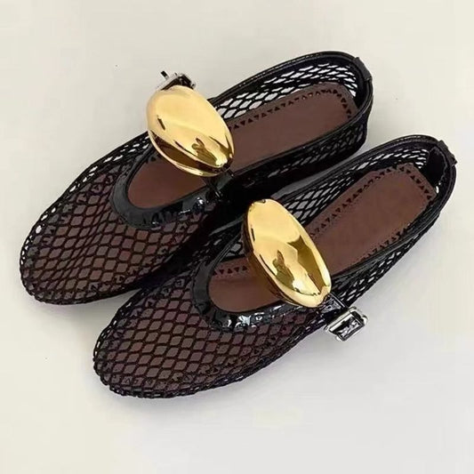 Women’s Cowhide Mesh Flat Ballet Shoes