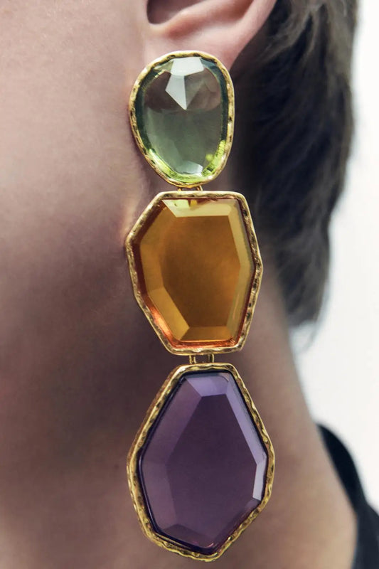 Polygonal Alloy Transparent Resin Colorful Matching Long Drop Earrings