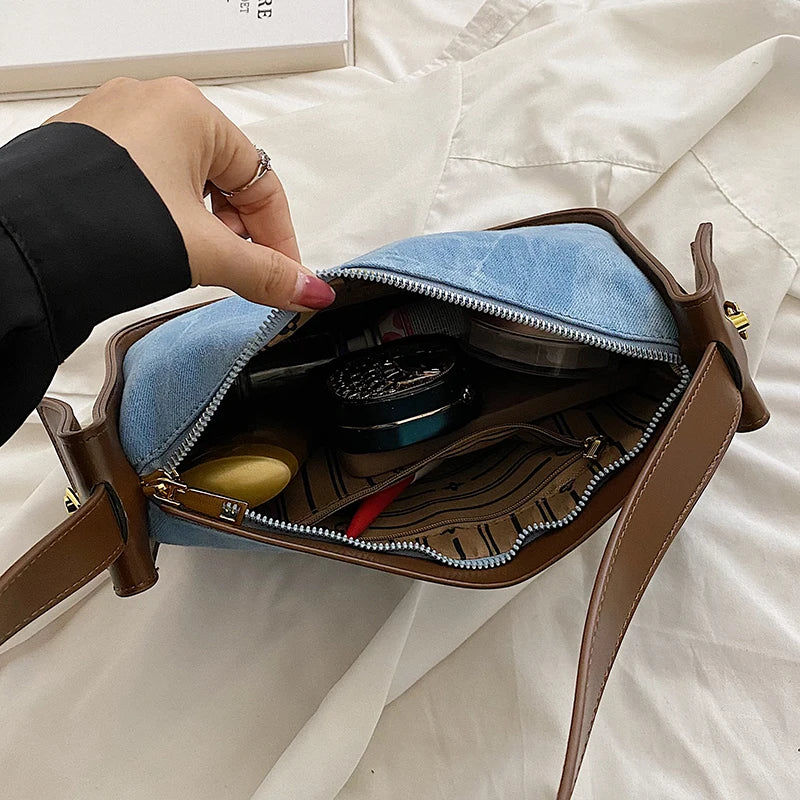 Women’s PU Leather and Denim Shoulder Crossbody Bag