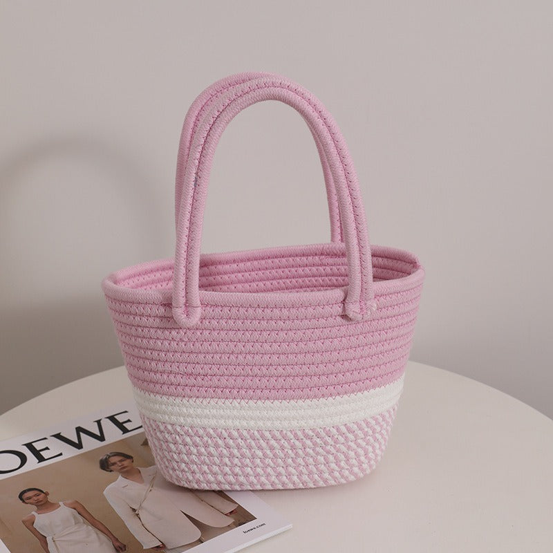 Pink Portable Cotton Woven Bag Holiday Beach Bag