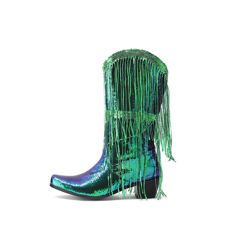 Gold Green Purple Sequin Western Cowboy Boots with Tassels