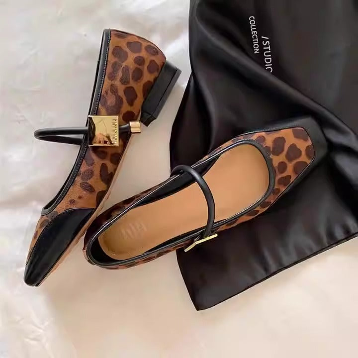 Square Toe Leopard Print Suede Low Heels