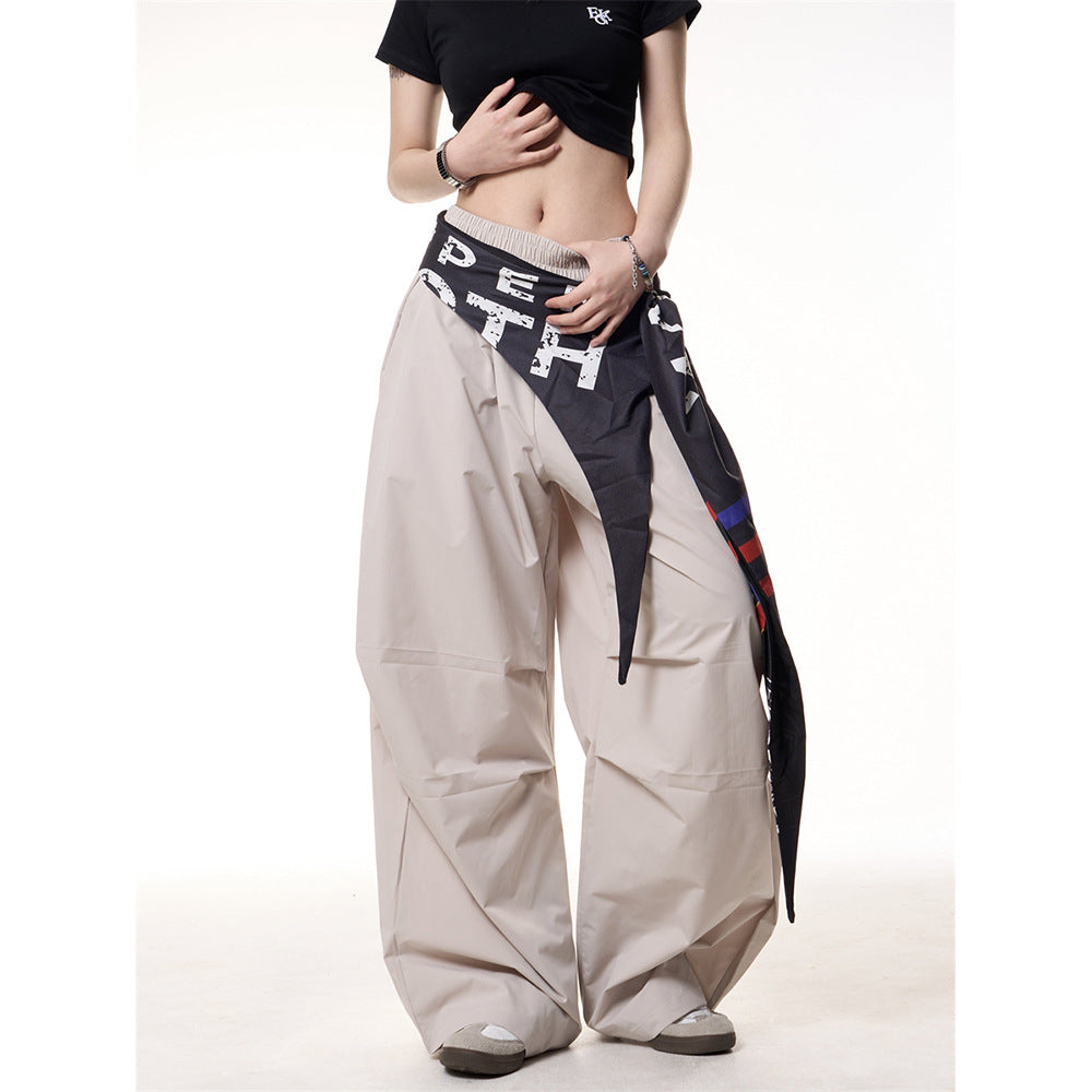 Spliced fart curtain casual loose fit wide leg pants