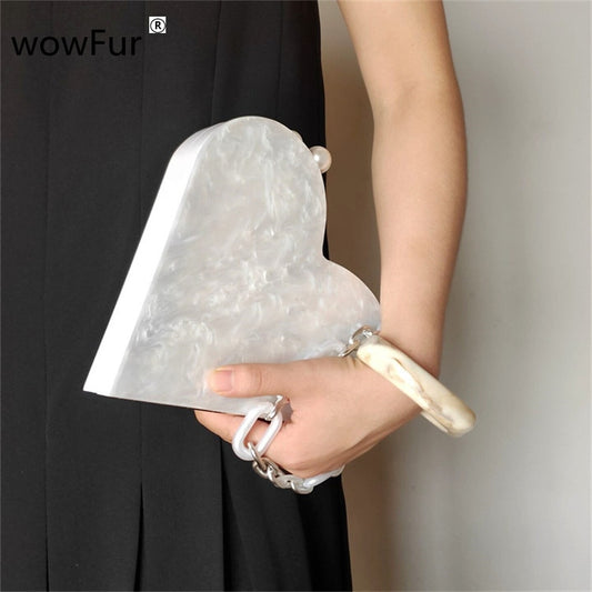 Mother of Pearl White Acrylic Clutch Luxury Heart Evening Bag