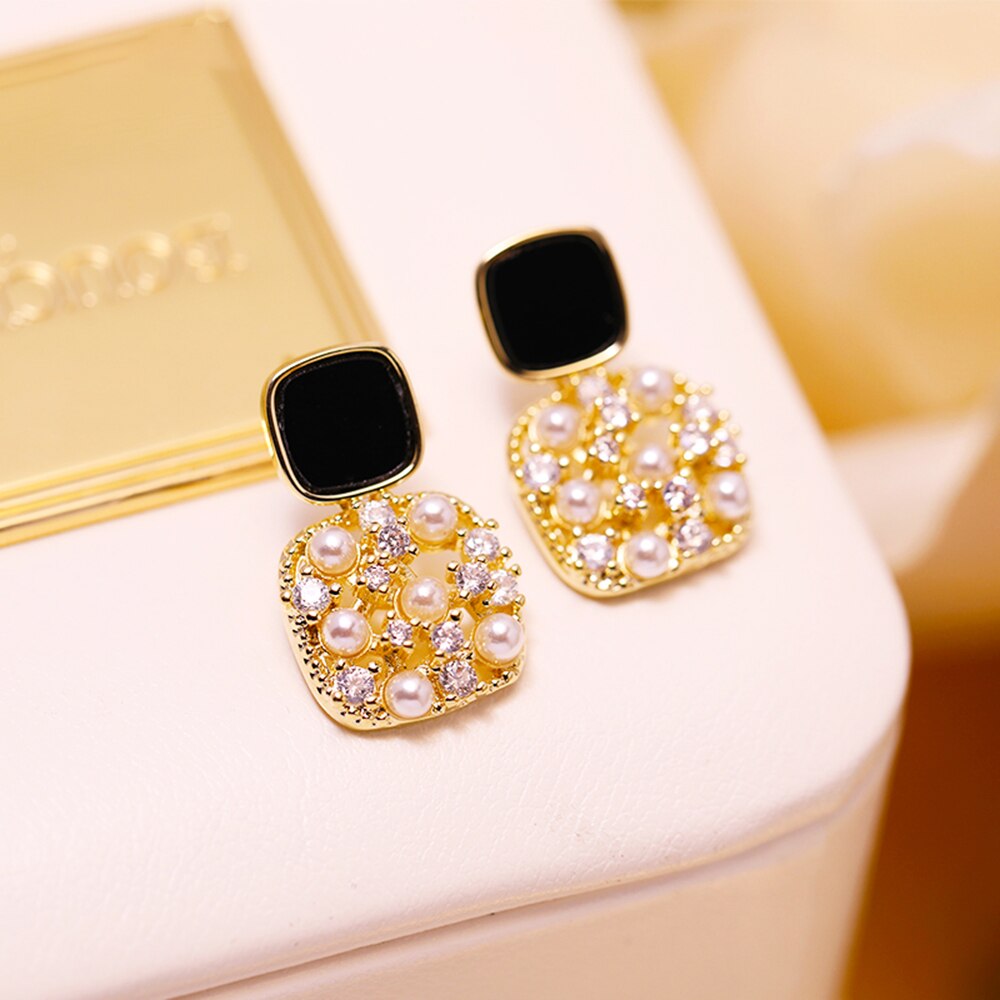 Fashion Black SquareEarrings Luxury Inlaid Pearl Jewelry