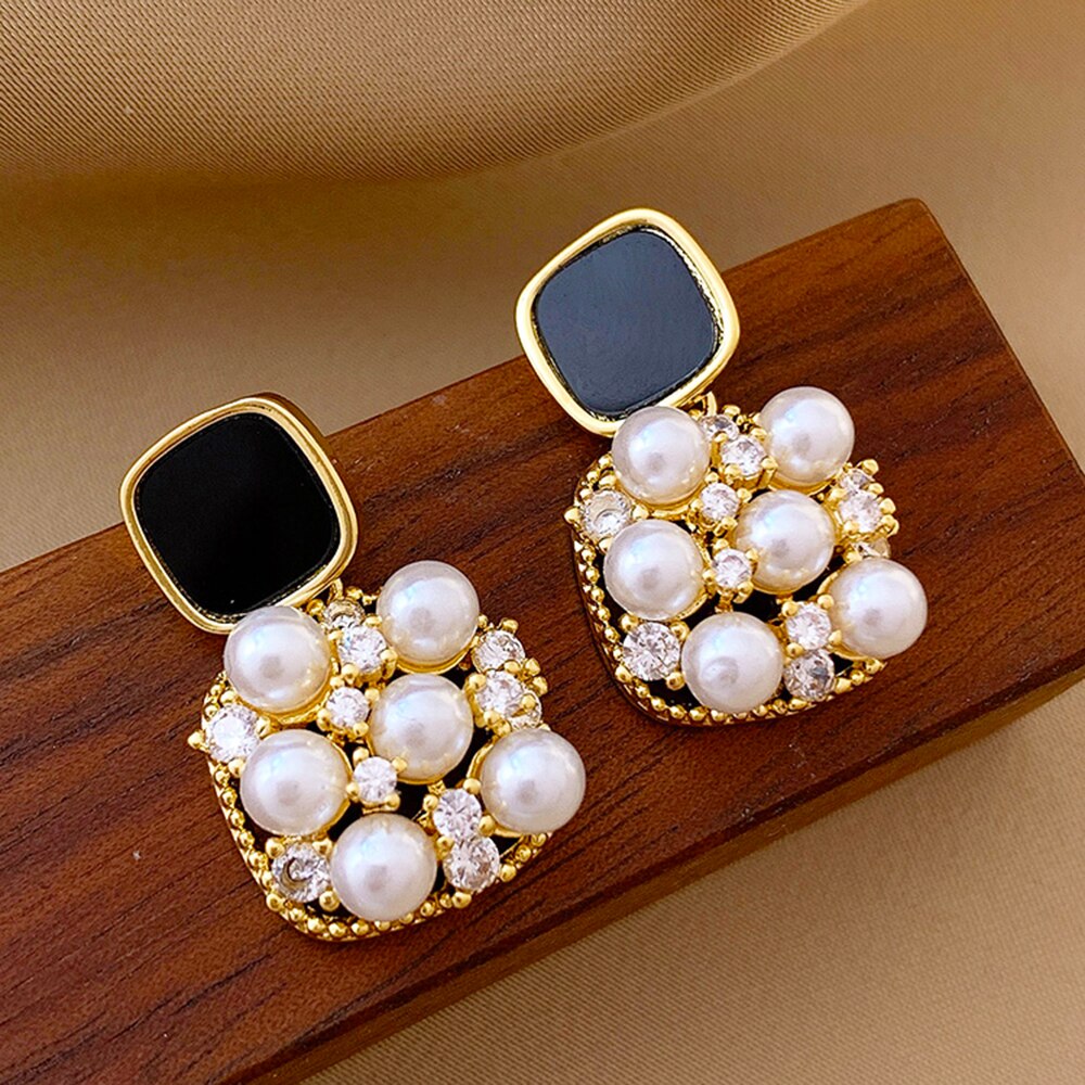 Fashion Black SquareEarrings Luxury Inlaid Pearl Jewelry