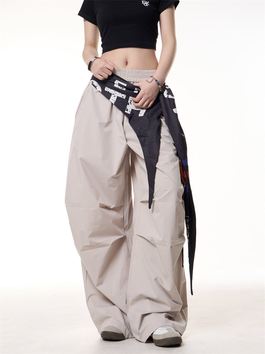 Spliced fart curtain casual loose fit wide leg pants