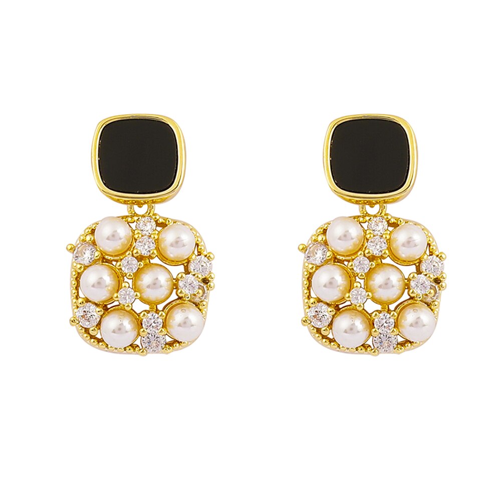 Fashion Black SquareEarrings Luxury Inlaid Pearl Jewelry