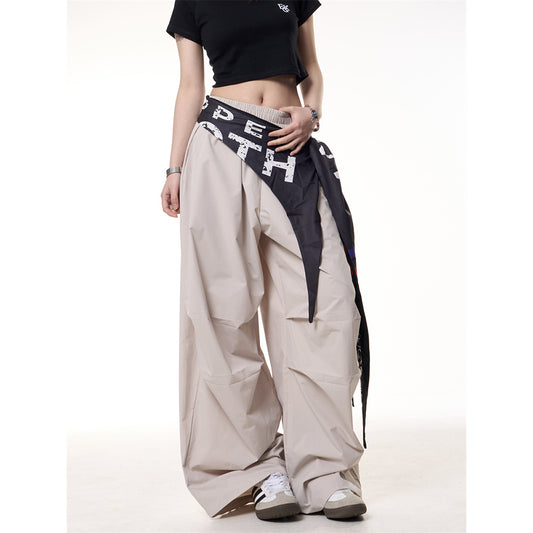 Spliced fart curtain casual loose fit wide leg pants