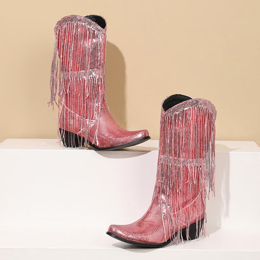 Gold Green Purple Sequin Western Cowboy Boots with Tassels